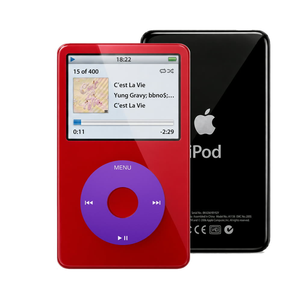 Red refurbished iPod Video 5.5 Gen with Purple click wheel and Black back plate