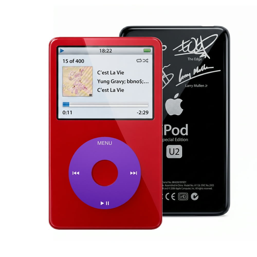 Red refurbished iPod Video 5.5 Gen with Purple click wheel and Black U2 back plate