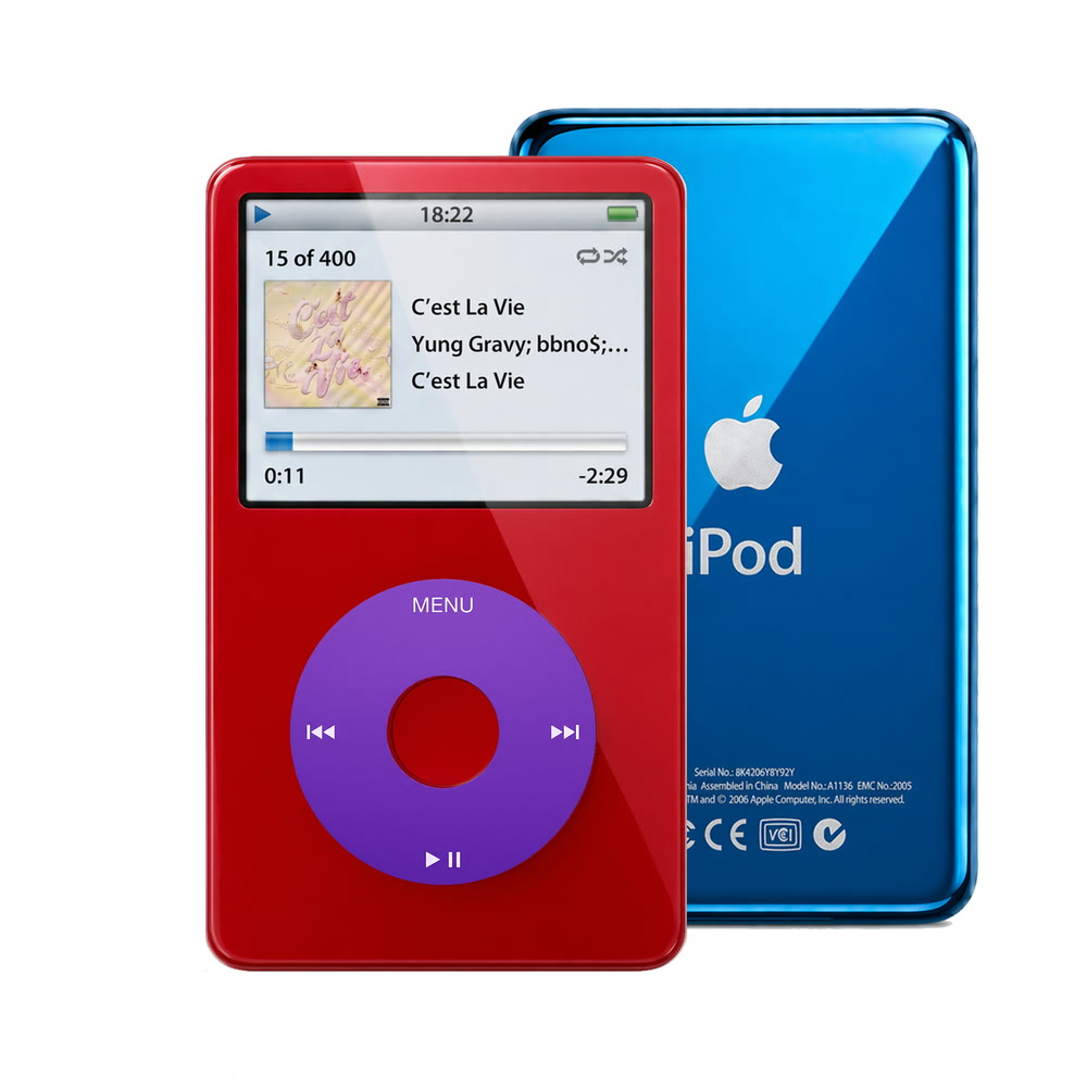 Red refurbished iPod Video 5.5 Gen with Purple click wheel and Blue back plate