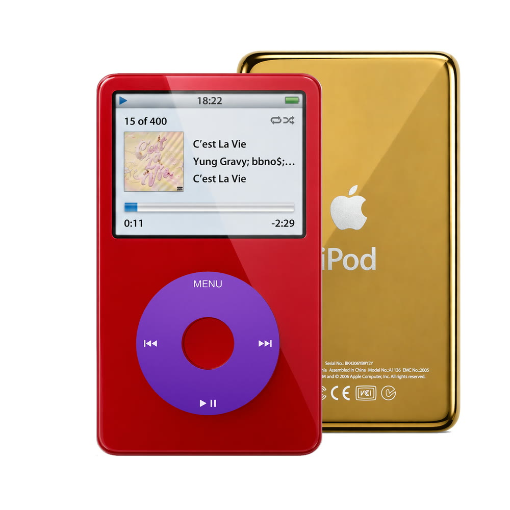 Red refurbished iPod Video 5.5 Gen with Purple click wheel and Gold back plate