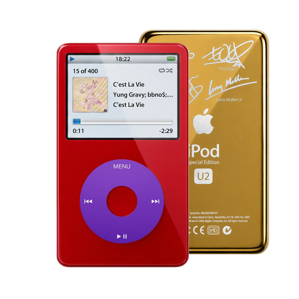 Red refurbished iPod Video 5.5 Gen with Purple click wheel and Gold U2 back plate