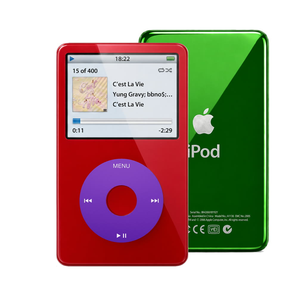 Red refurbished iPod Video 5.5 Gen with Purple click wheel and Green back plate