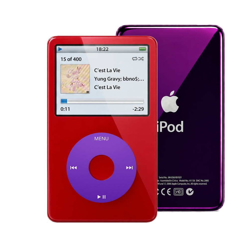 Red refurbished iPod Video 5.5 Gen with Purple click wheel and Purple back plate