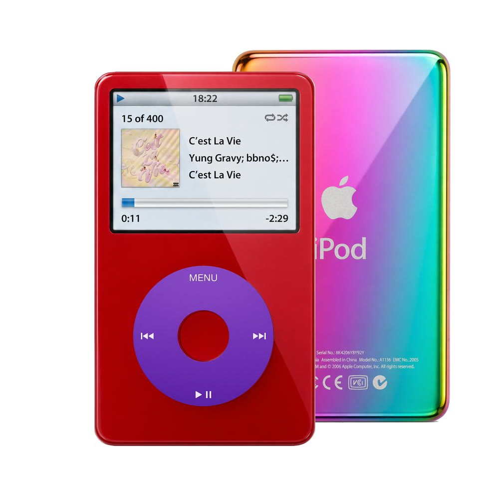 Red refurbished iPod Video 5.5 Gen with Purple click wheel and Rainbow back plate