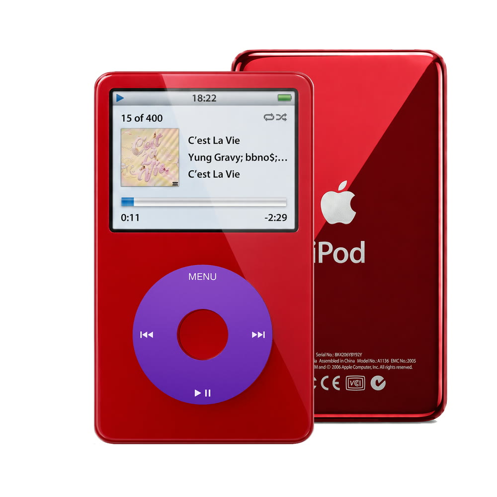 Red refurbished iPod Video 5.5 Gen with Purple click wheel and Red back plate