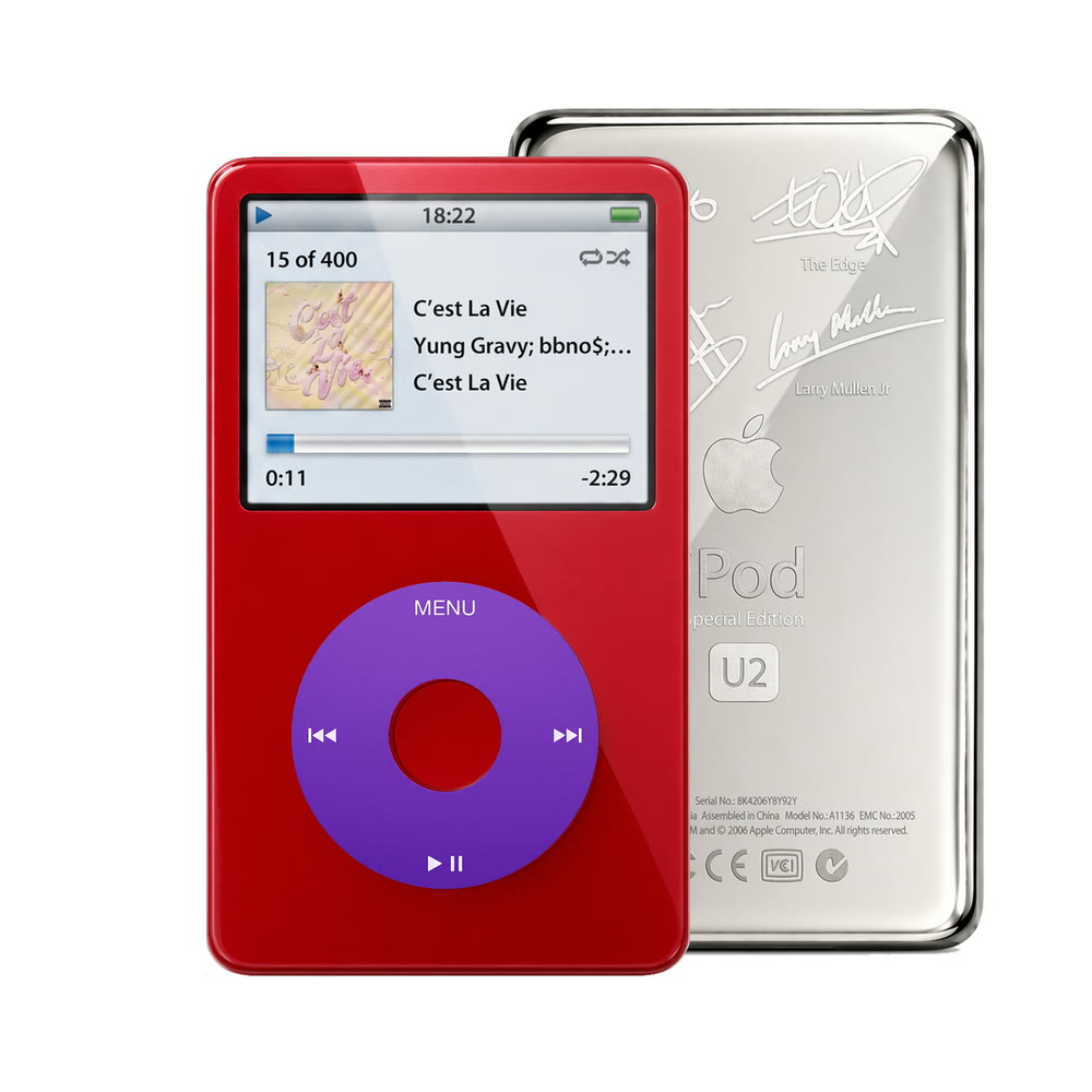 Red refurbished iPod Video 5.5 Gen with Purple click wheel and Silver U2 back plate