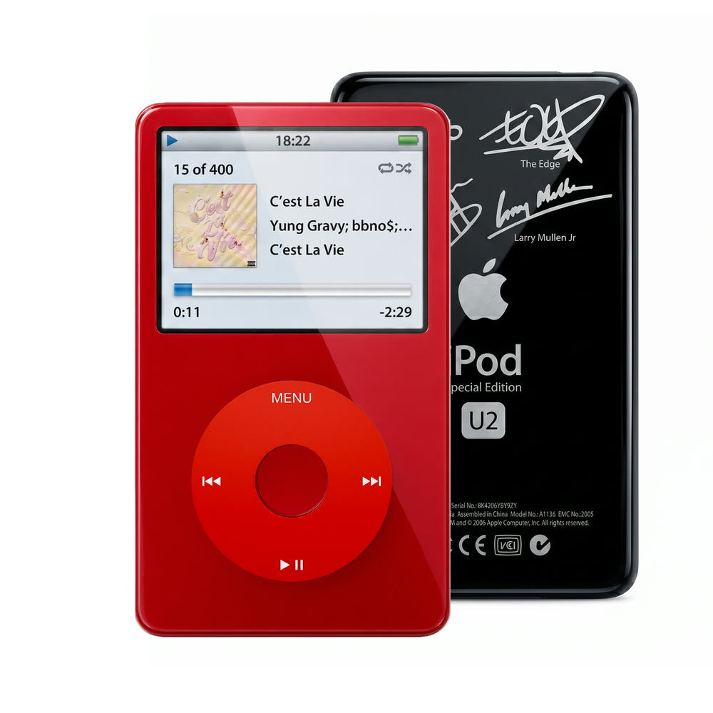 Red refurbished iPod Video 5.5 Gen with Red click wheel and Black U2 back plate