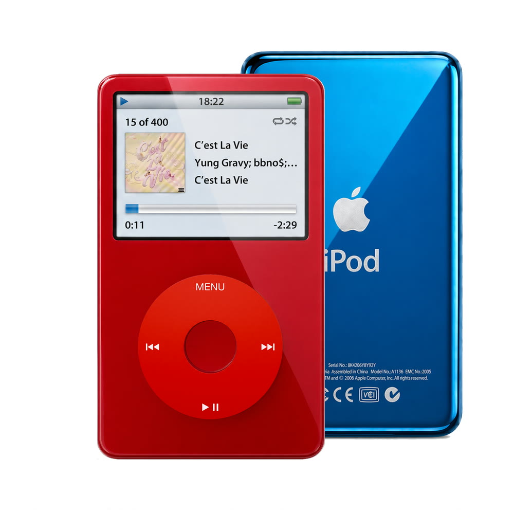 Red refurbished iPod Video 5.5 Gen with Red click wheel and Blue back plate