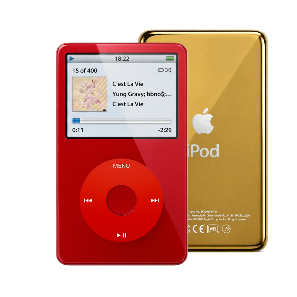Red refurbished iPod Video 5.5 Gen with Red click wheel and Gold back plate