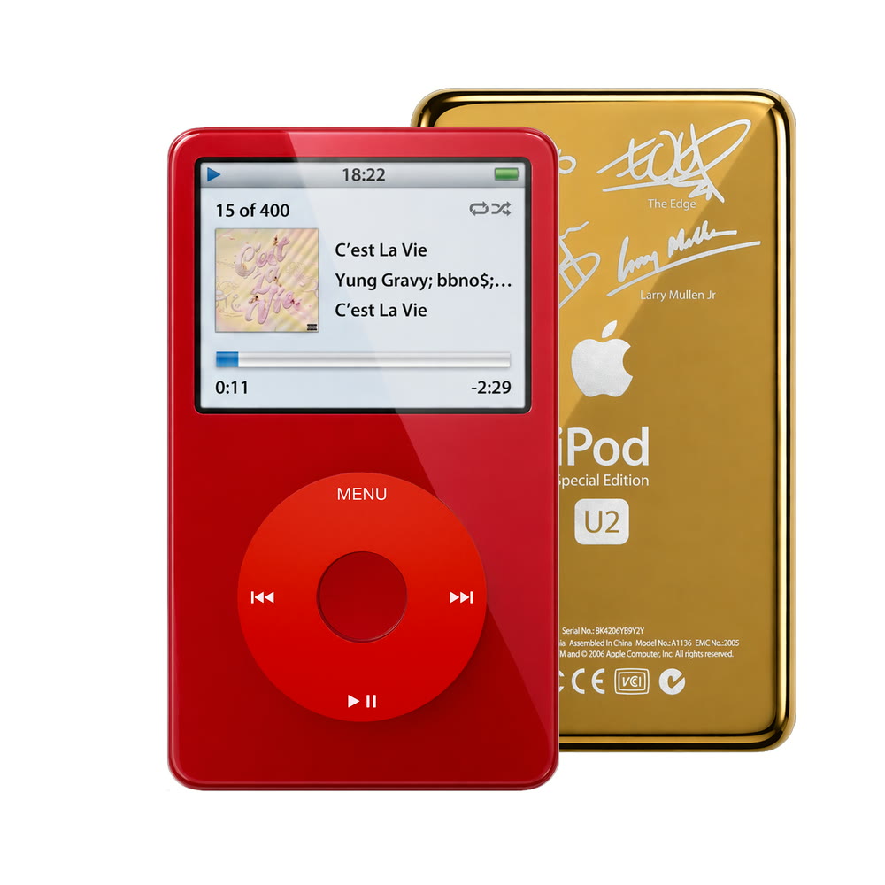 Red refurbished iPod Video 5.5 Gen with Red click wheel and Gold U2 back plate