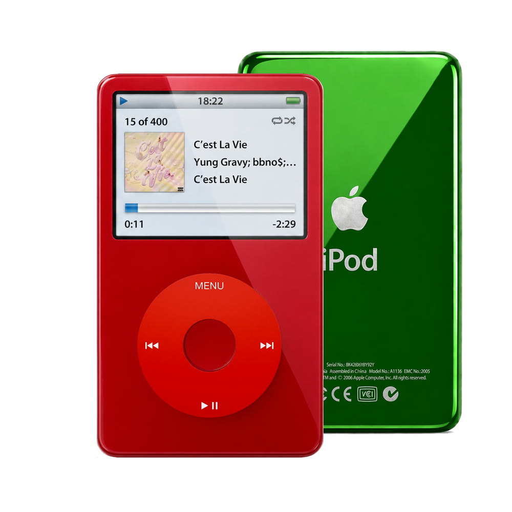 Red refurbished iPod Video 5.5 Gen with Red click wheel and Green back plate
