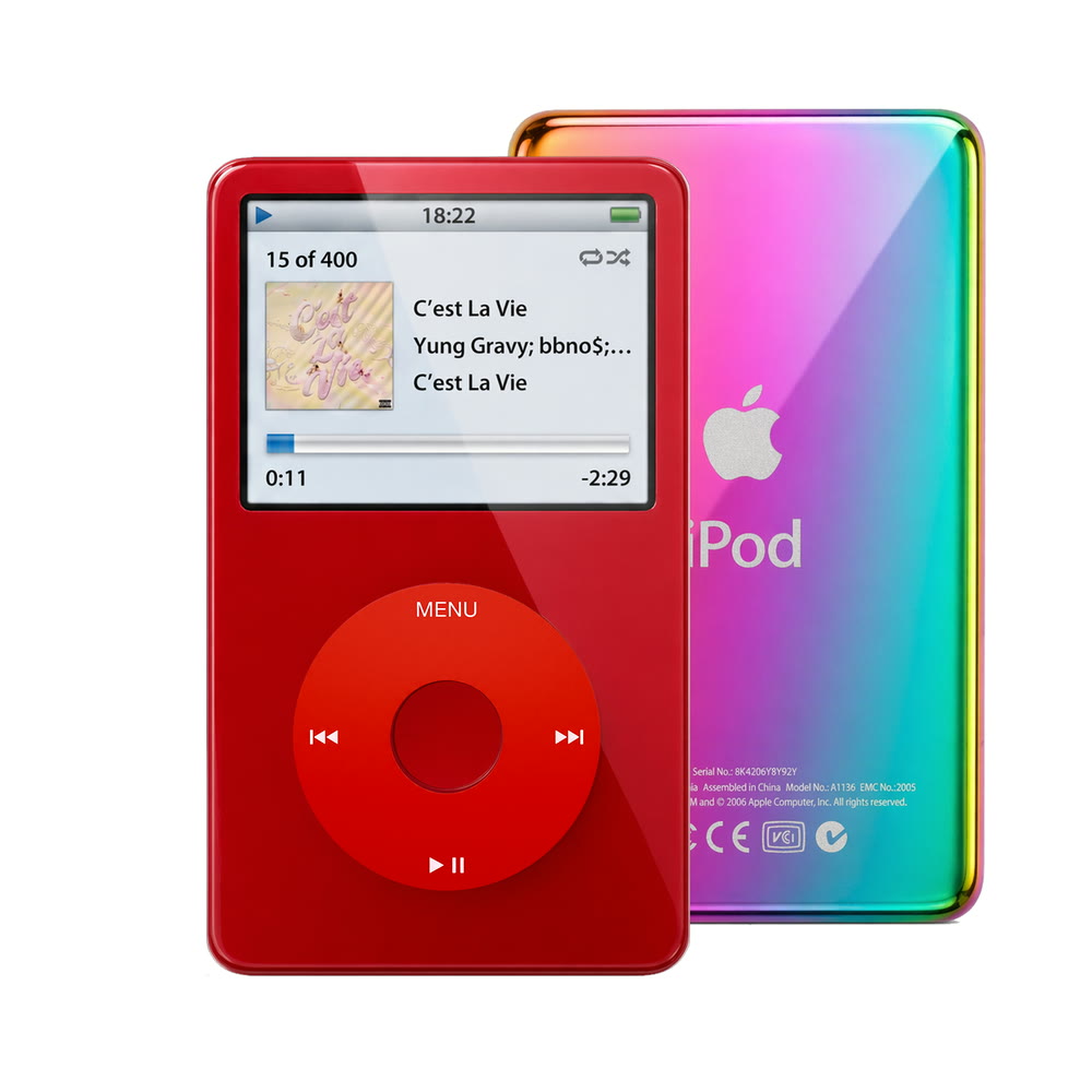 Red refurbished iPod Video 5.5 Gen with Red click wheel and Rainbow back plate