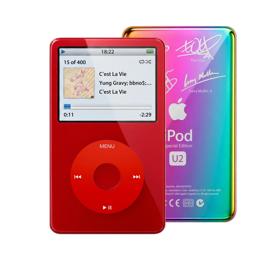 Red refurbished iPod Video 5.5 Gen with Red click wheel and Rainbow U2 back plate
