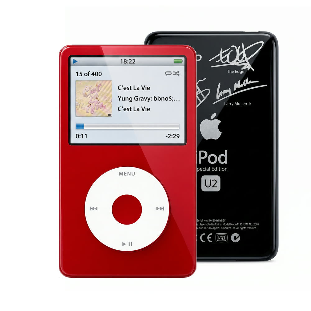 Red refurbished iPod Video 5.5 Gen with White click wheel and Black U2 back plate