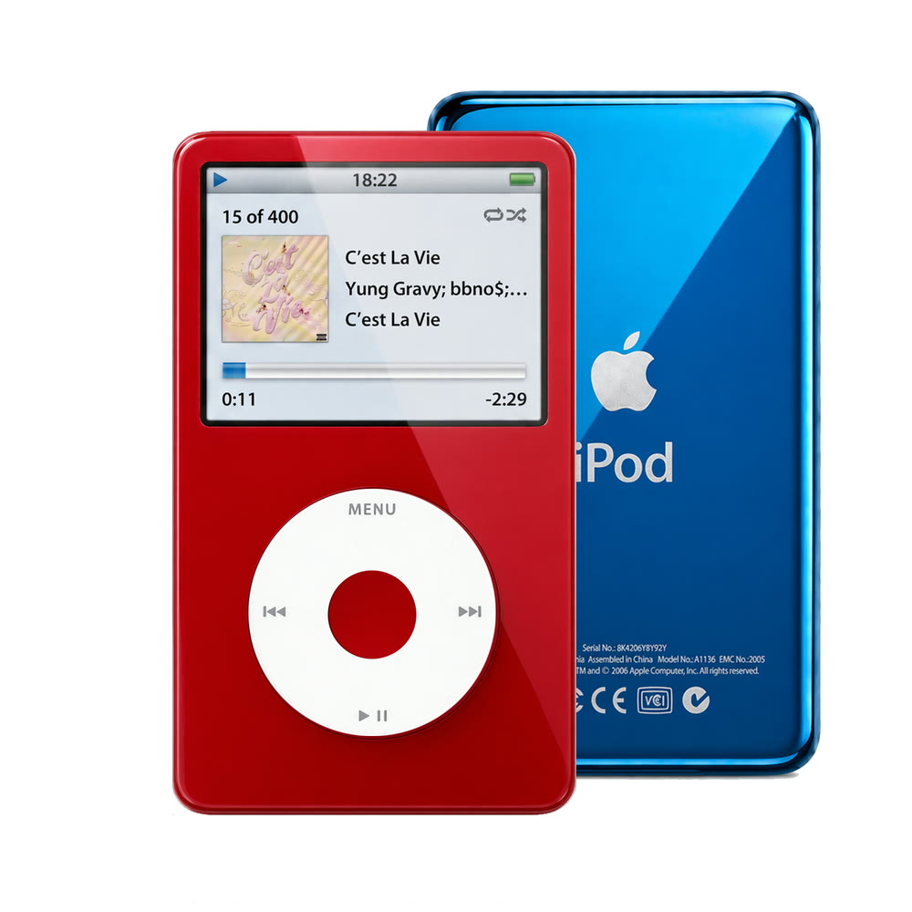 Red refurbished iPod Video 5.5 Gen with White click wheel and Blue back plate