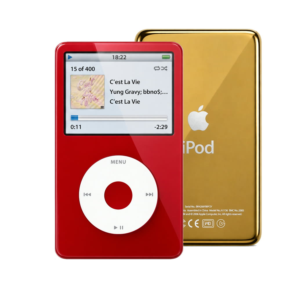 Red refurbished iPod Video 5.5 Gen with White click wheel and Gold back plate