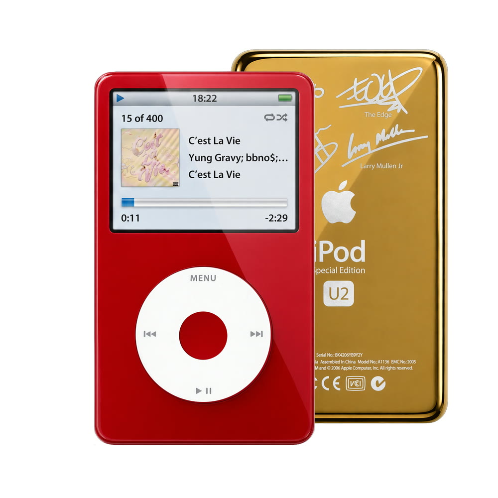 Red refurbished iPod Video 5.5 Gen with White click wheel and Gold U2 back plate
