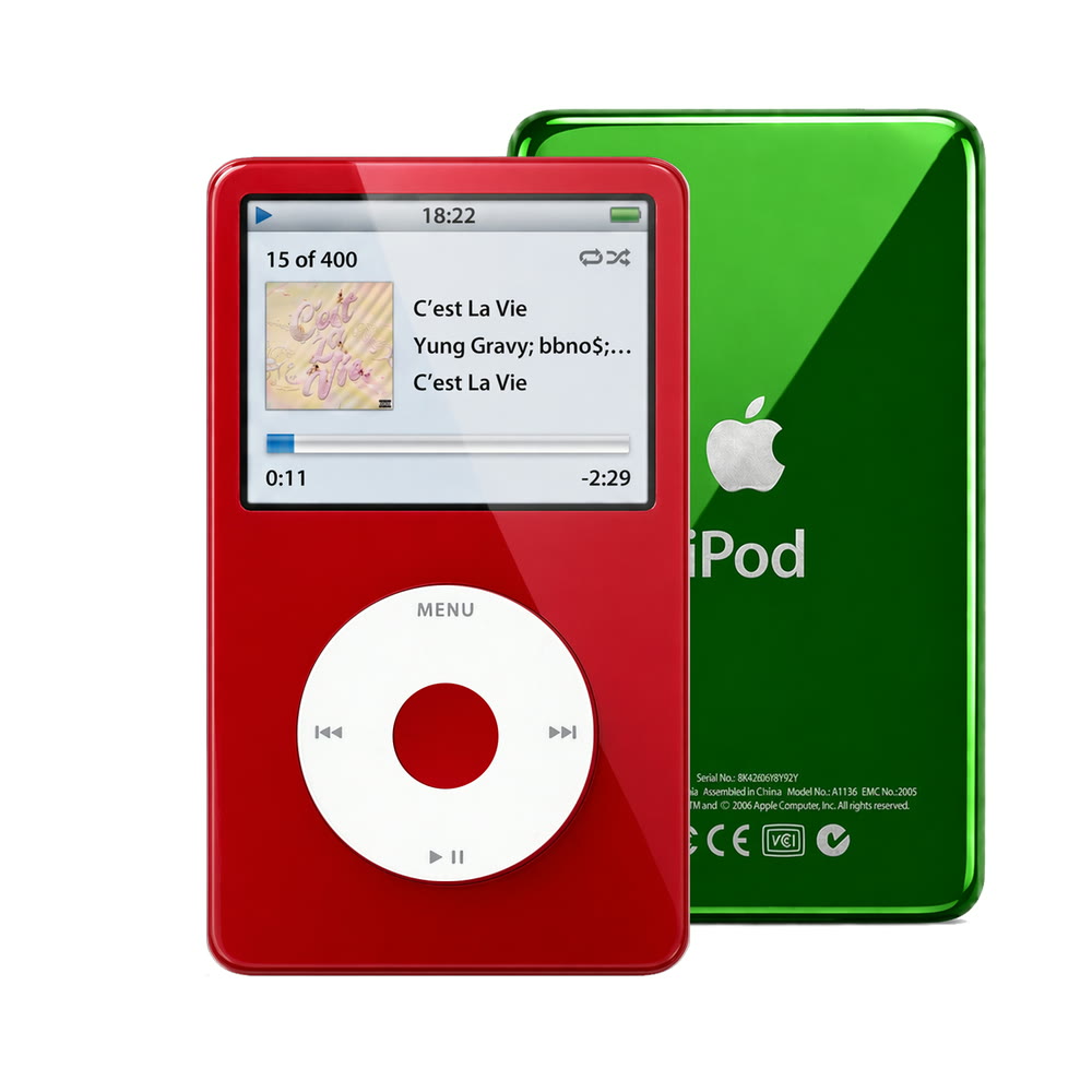 Red refurbished iPod Video 5.5 Gen with White click wheel and Green back plate