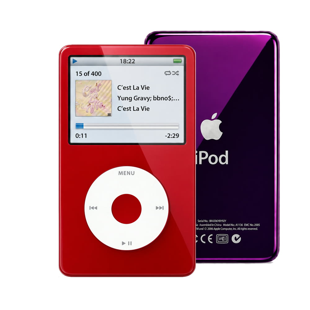Red refurbished iPod Video 5.5 Gen with White click wheel and Purple back plate