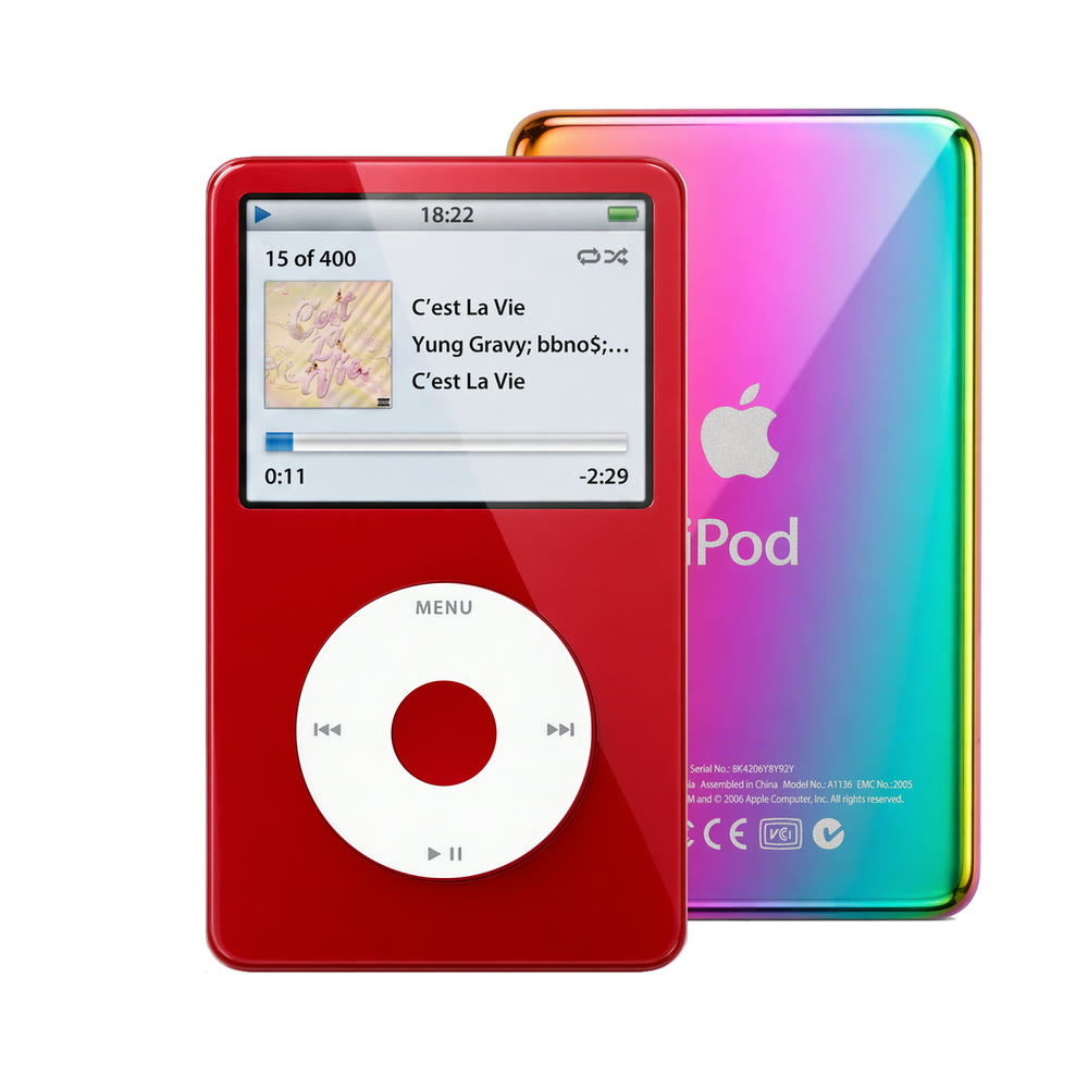 Red refurbished iPod Video 5.5 Gen with White click wheel and Rainbow back plate