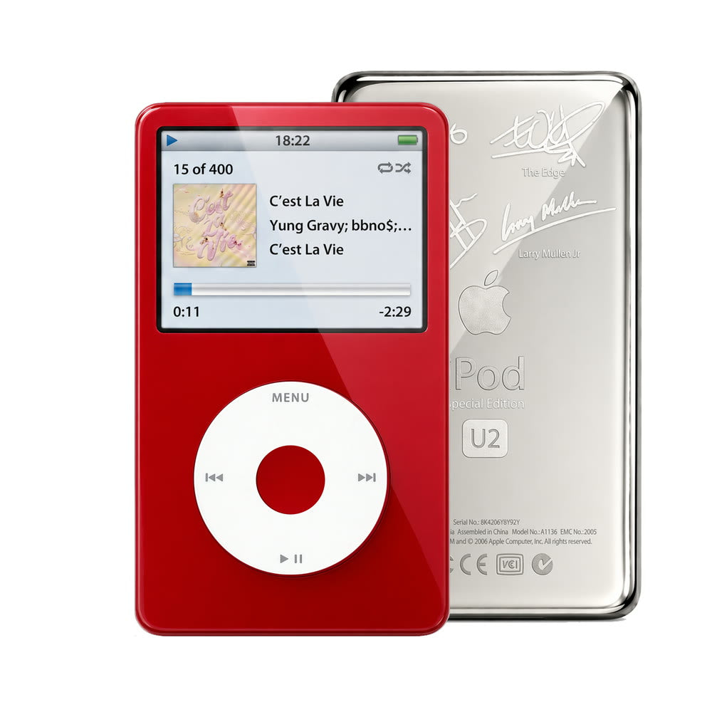 Red refurbished iPod Video 5.5 Gen with White click wheel and Silver U2 back plate