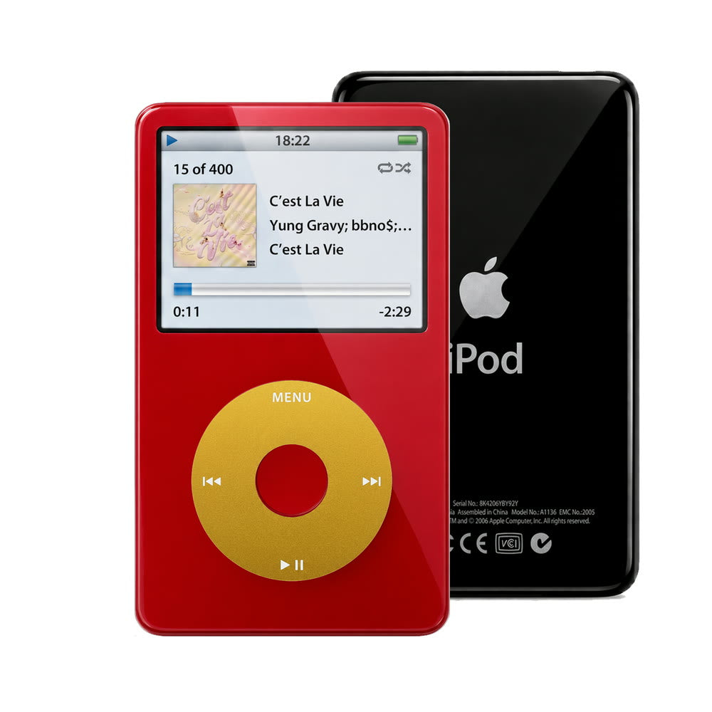 Red refurbished iPod Video 5.5 Gen with Yellow click wheel and Black back plate