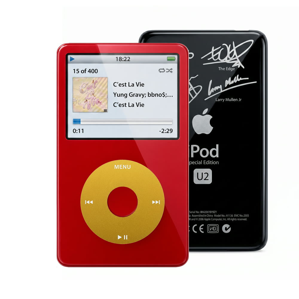 Red refurbished iPod Video 5.5 Gen with Yellow click wheel and Black U2 back plate