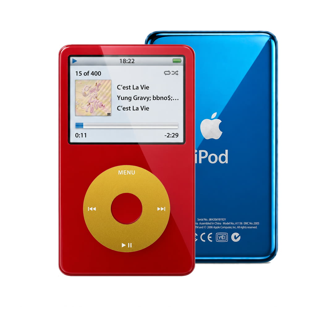 Red refurbished iPod Video 5.5 Gen with Yellow click wheel and Blue back plate