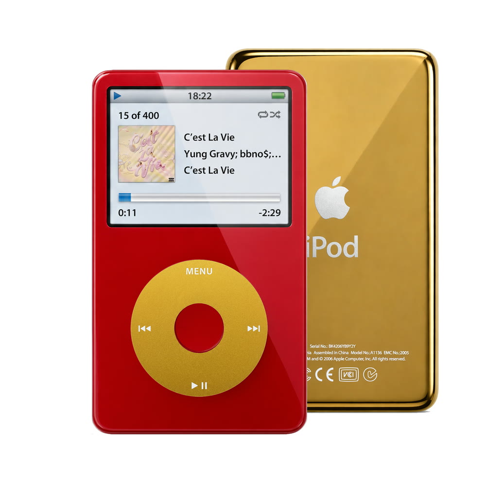 Red refurbished iPod Video 5.5 Gen with Yellow click wheel and Gold back plate