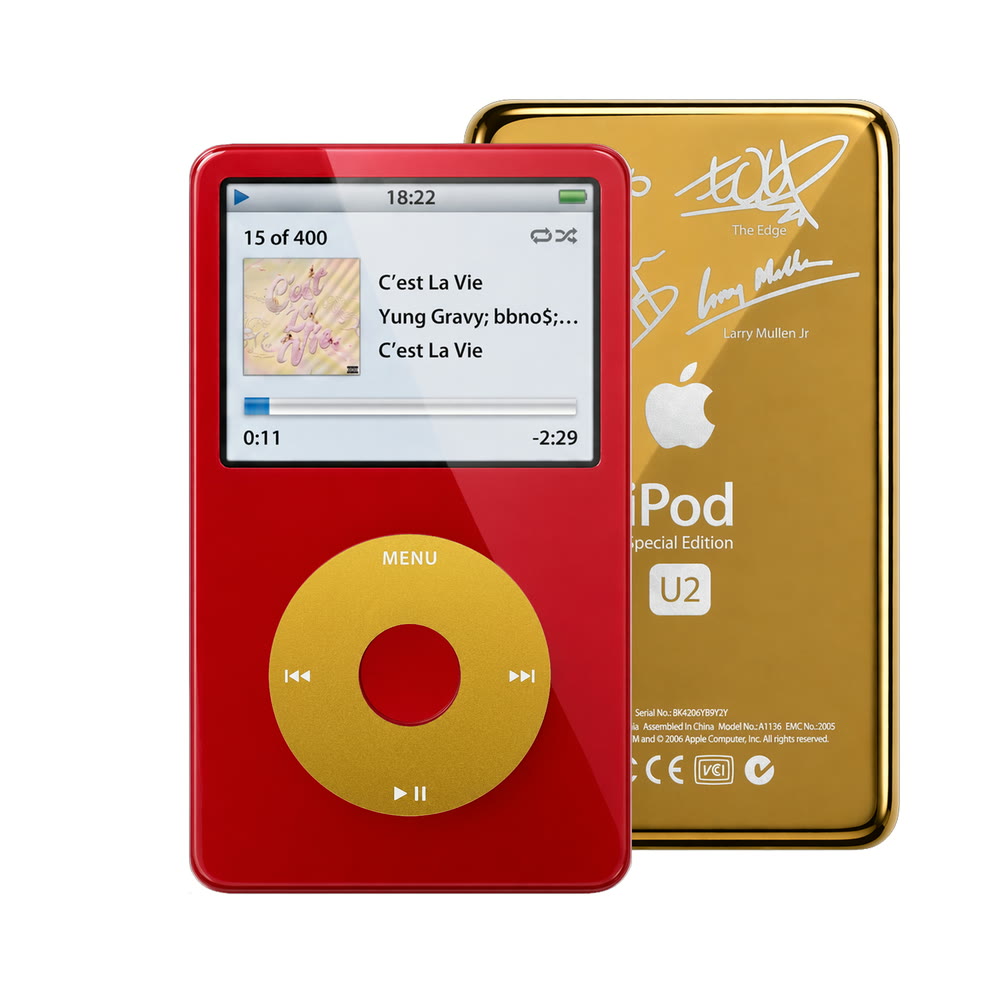 Red refurbished iPod Video 5.5 Gen with Yellow click wheel and Gold U2 back plate