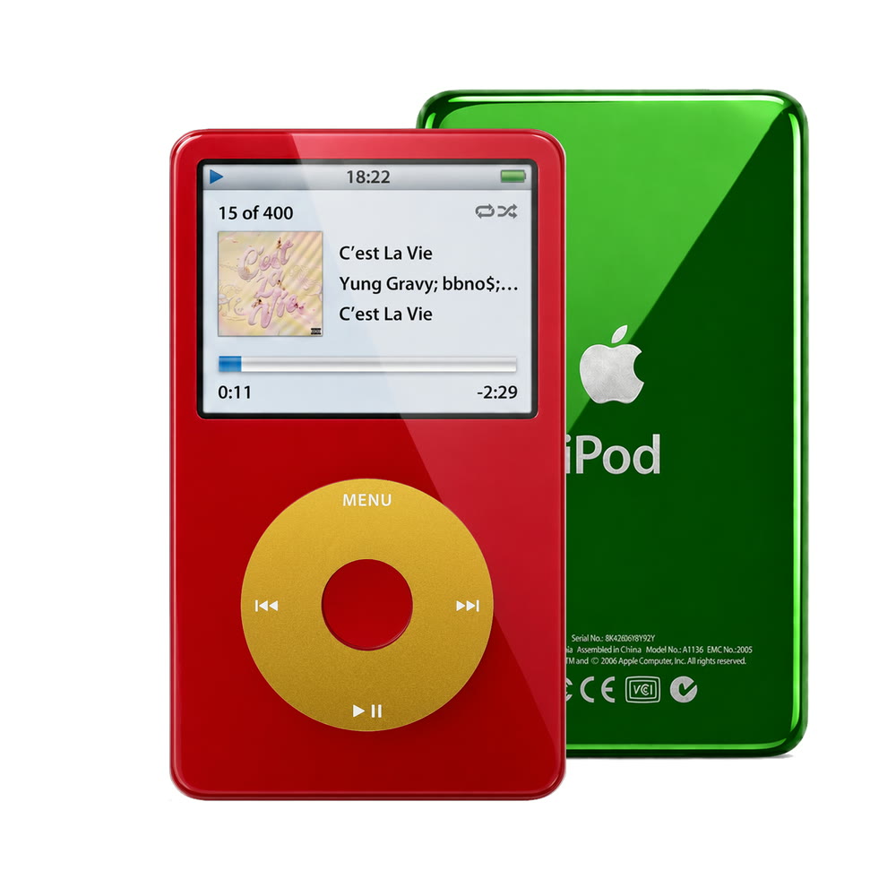Red refurbished iPod Video 5.5 Gen with Yellow click wheel and Green back plate