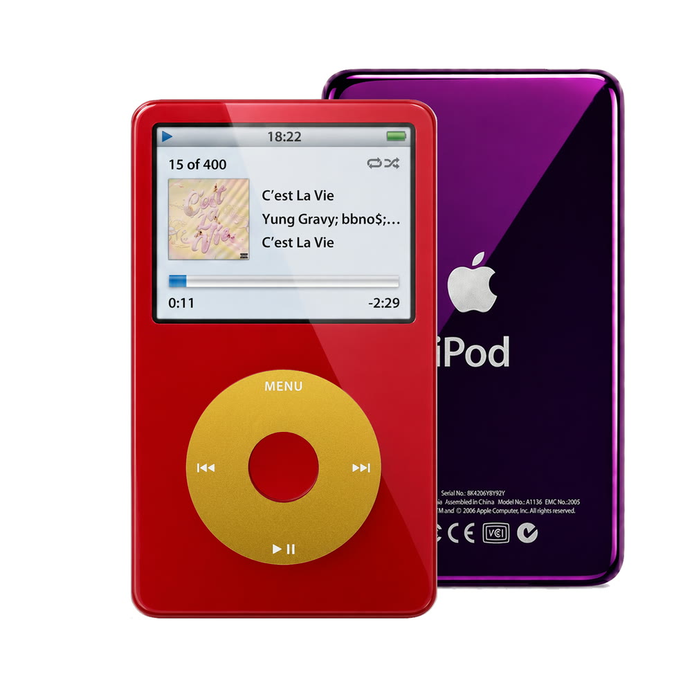 Red refurbished iPod Video 5.5 Gen with Yellow click wheel and Purple back plate
