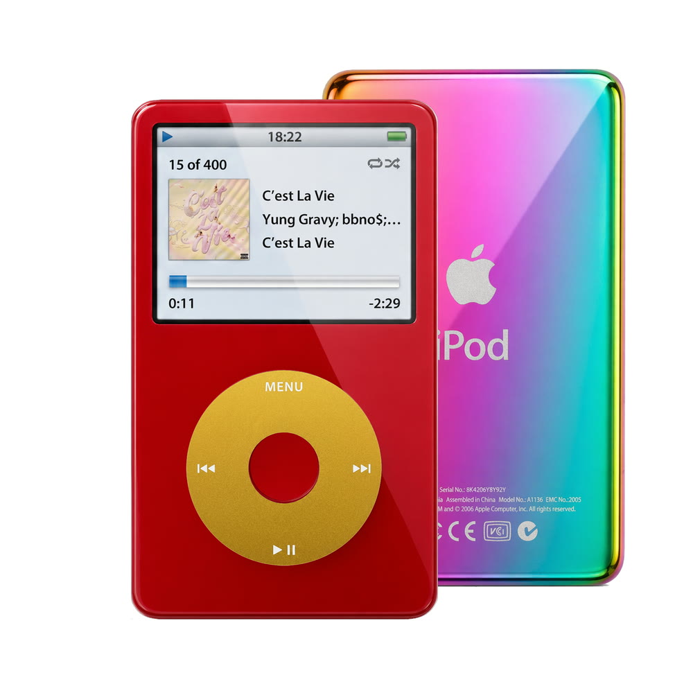Red refurbished iPod Video 5.5 Gen with Yellow click wheel and Rainbow back plate