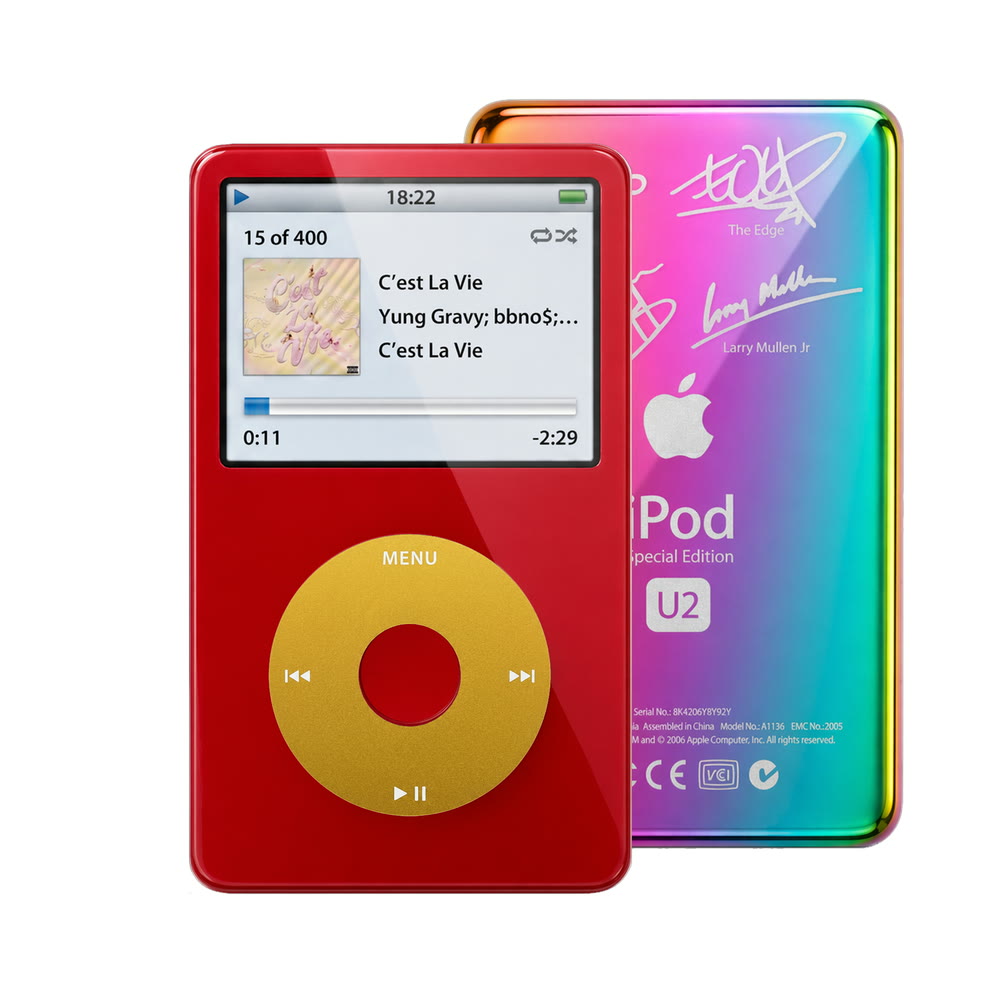 Red refurbished iPod Video 5.5 Gen with Yellow click wheel and Rainbow U2 back plate