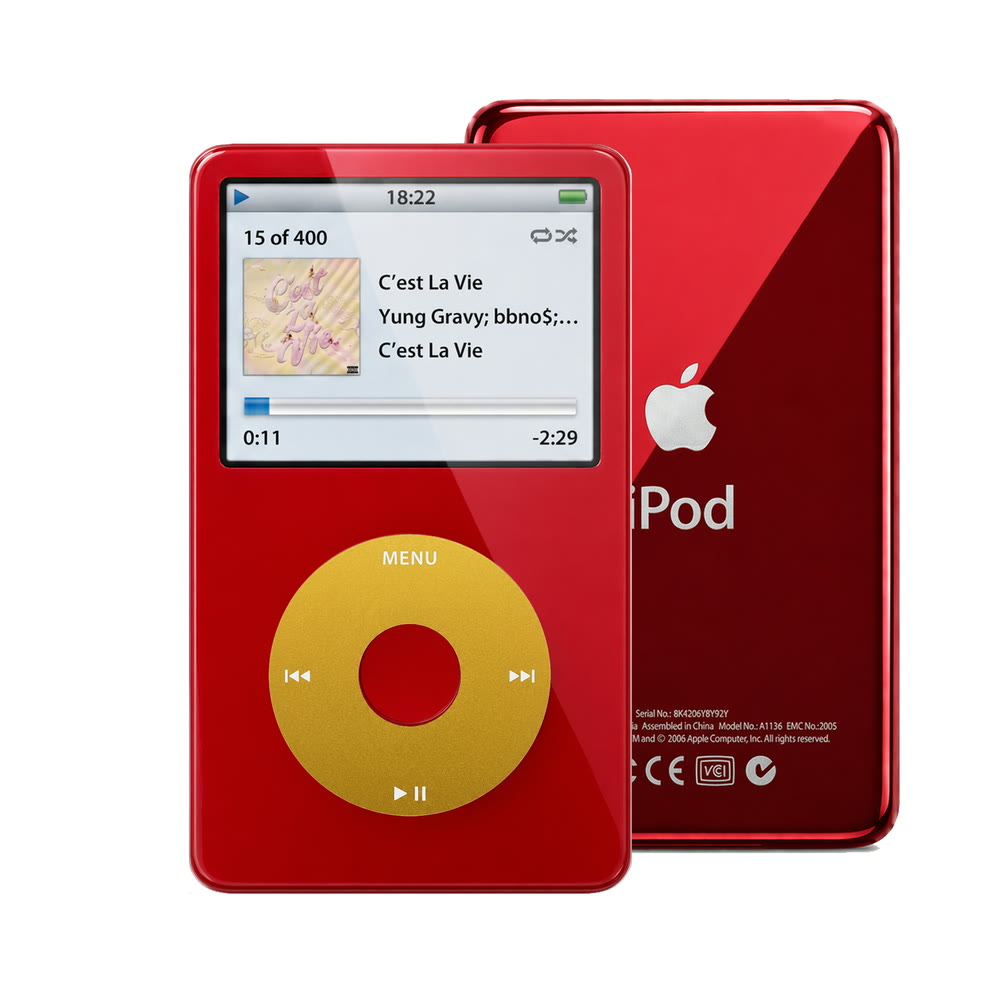 Red refurbished iPod Video 5.5 Gen with Yellow click wheel and Red back plate