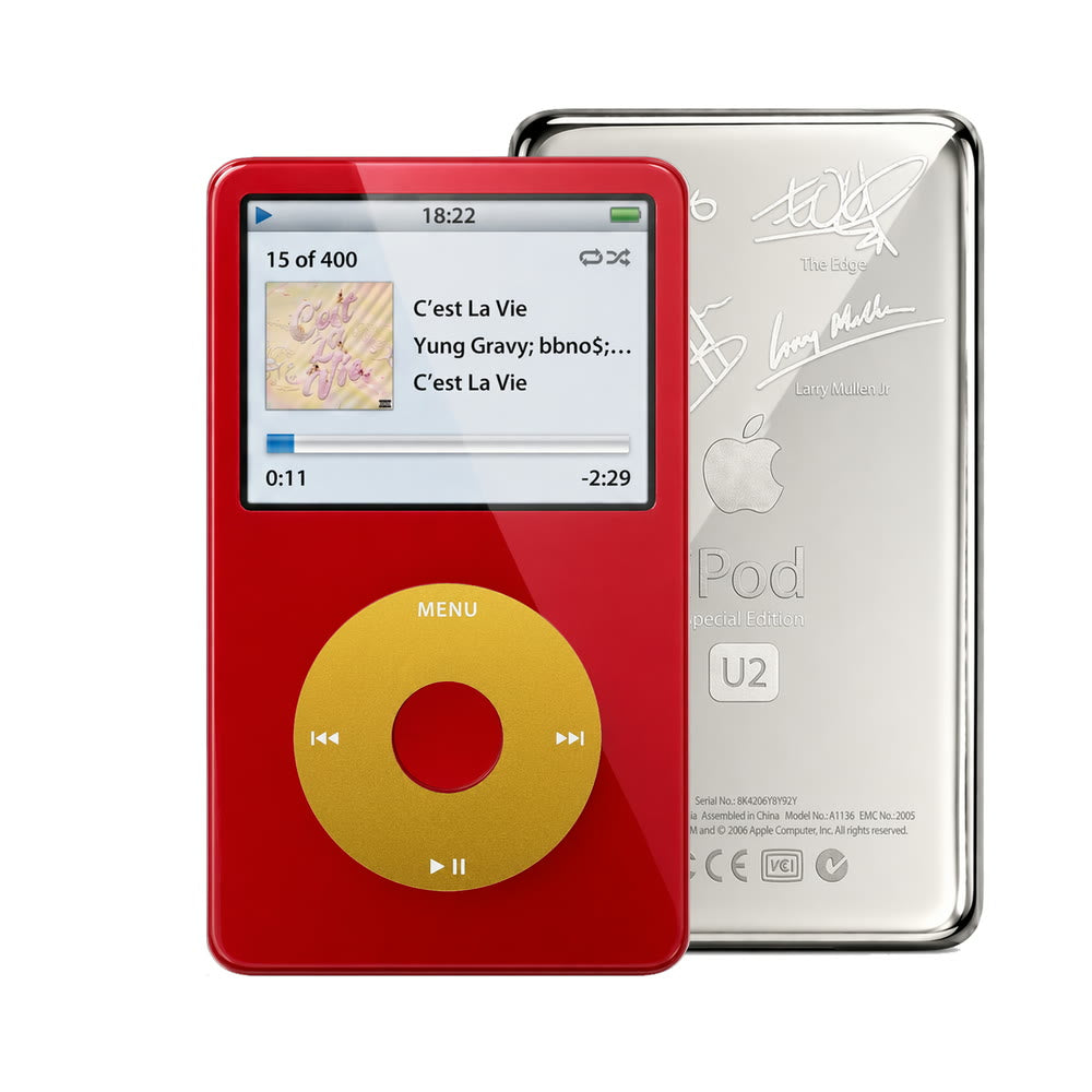 Red refurbished iPod Video 5.5 Gen with Yellow click wheel and Silver U2 back plate