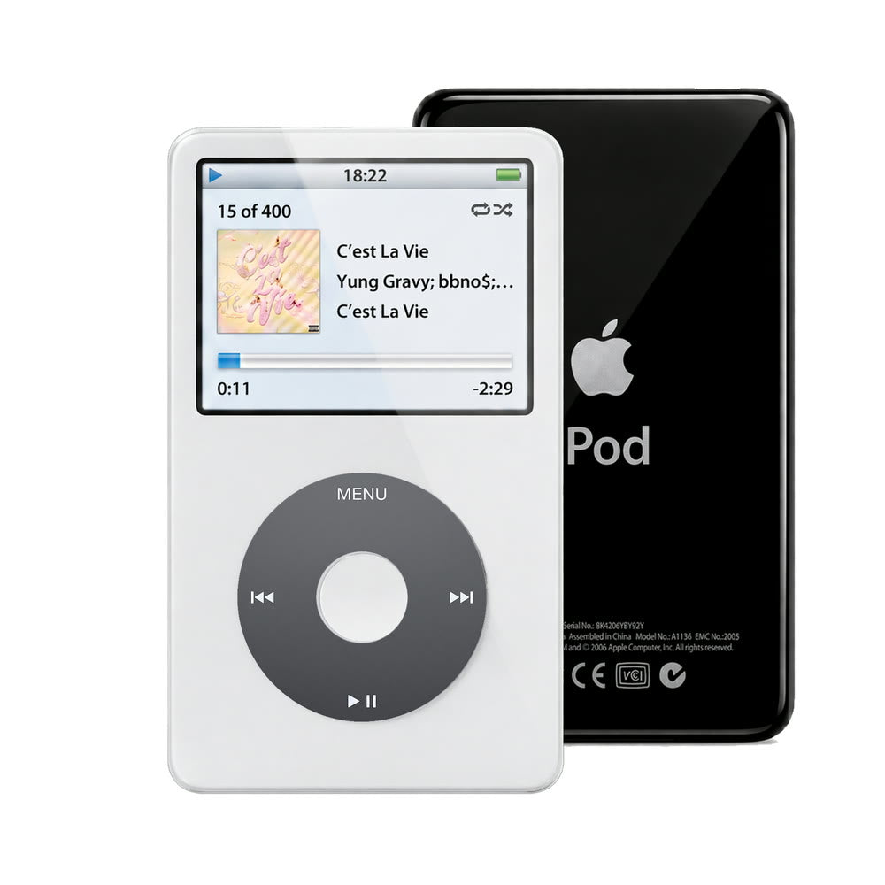White refurbished iPod Video 5.5 Gen with Black click wheel and Black back plate