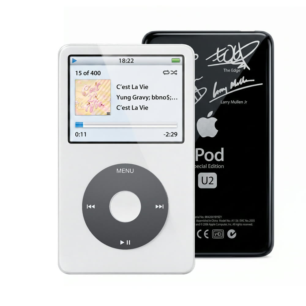White refurbished iPod Video 5.5 Gen with Black click wheel and Black U2 back plate
