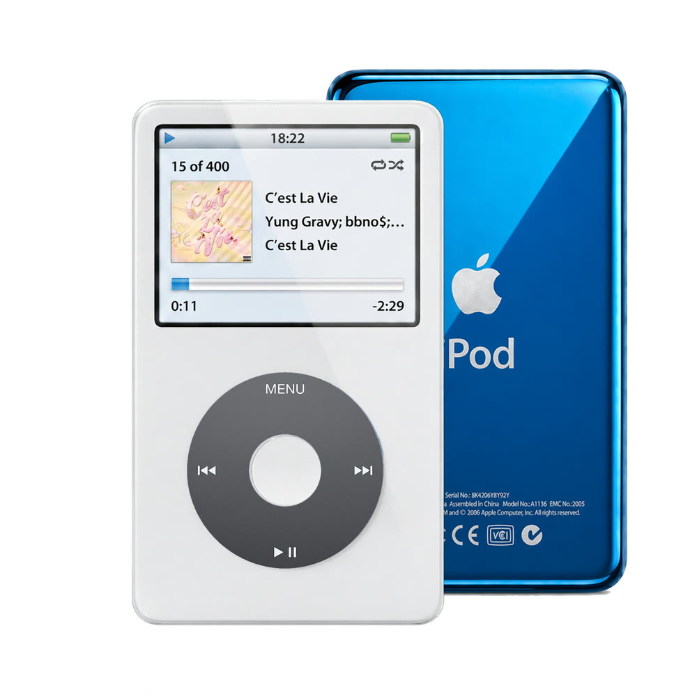 White refurbished iPod Video 5.5 Gen with Black click wheel and Blue back plate