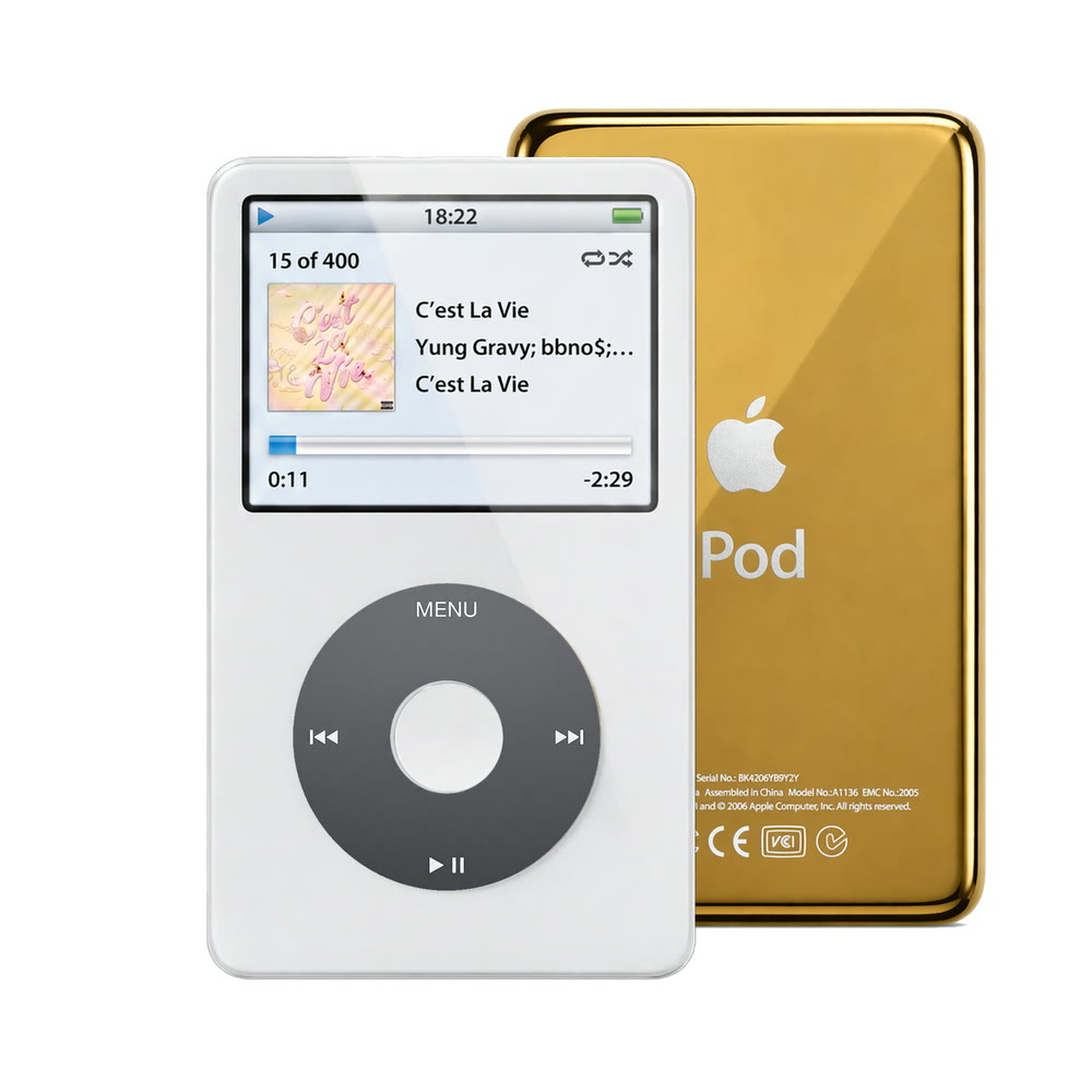 White refurbished iPod Video 5.5 Gen with Black click wheel and Gold back plate