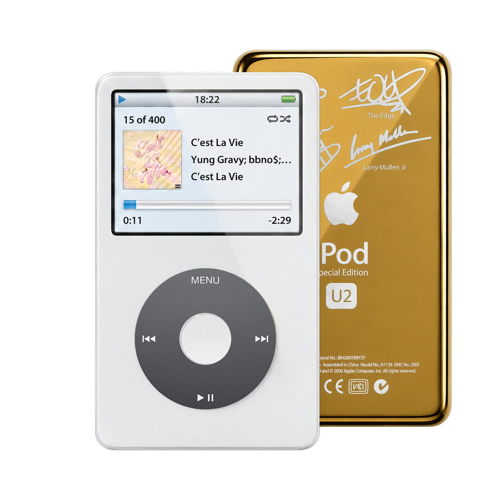 White refurbished iPod Video 5.5 Gen with Black click wheel and Gold U2 back plate