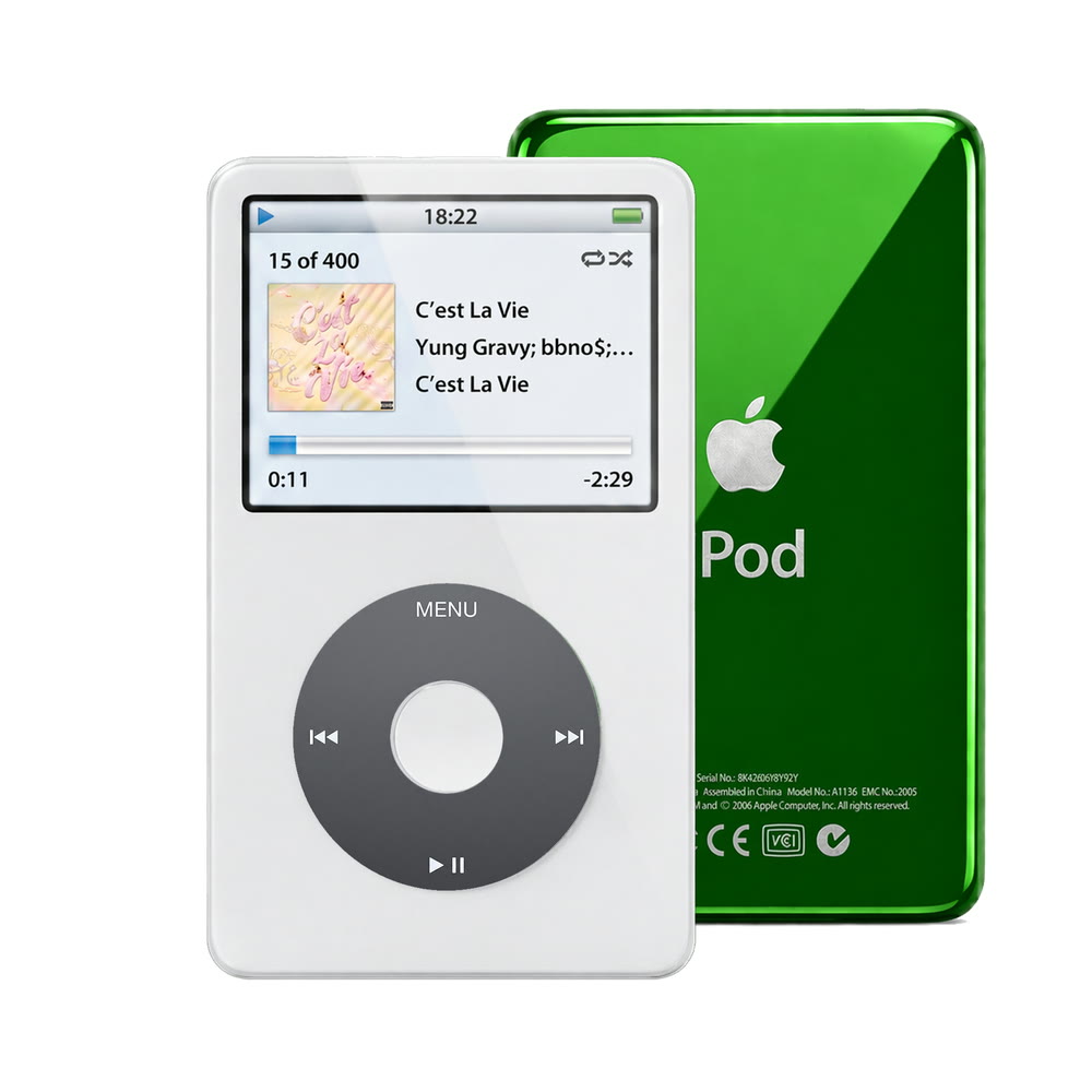 White refurbished iPod Video 5.5 Gen with Black click wheel and Green back plate