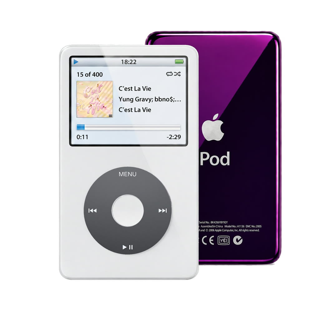 White refurbished iPod Video 5.5 Gen with Black click wheel and Purple back plate