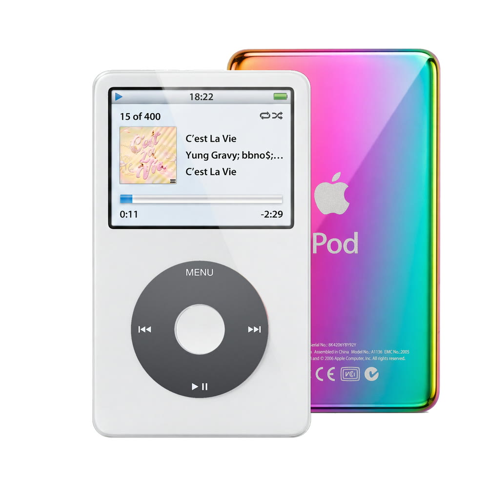 White refurbished iPod Video 5.5 Gen with Black click wheel and Rainbow back plate