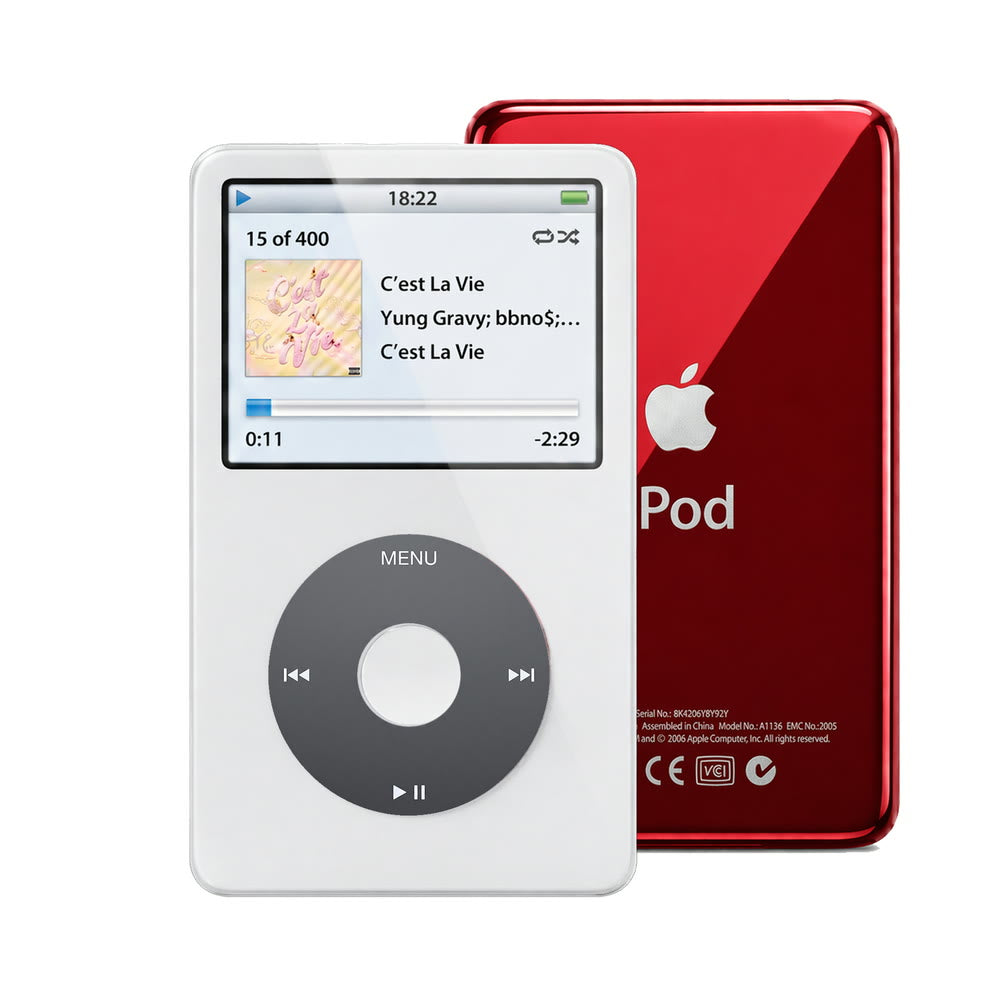 White refurbished iPod Video 5.5 Gen with Black click wheel and Red back plate