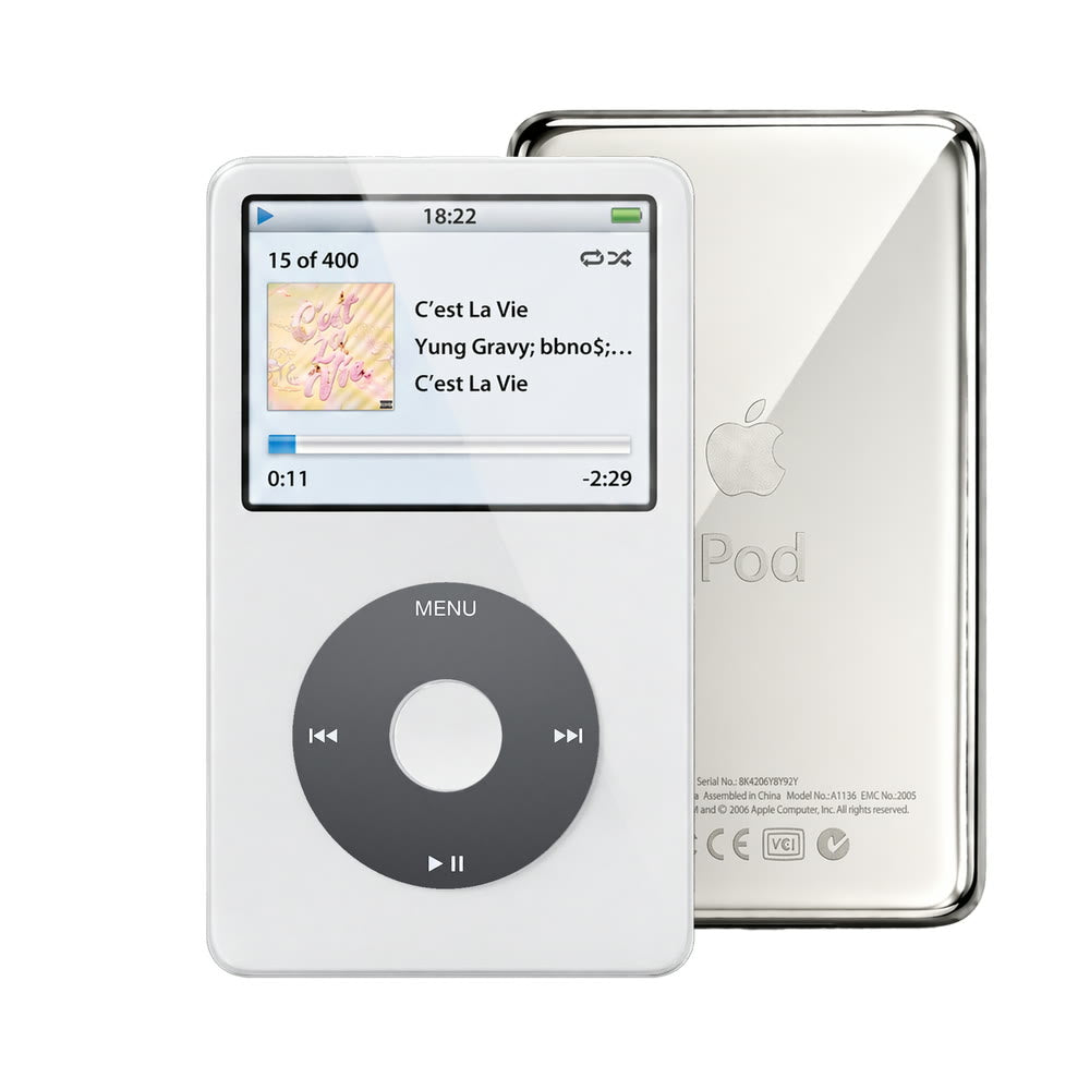 White refurbished iPod Video 5.5 Gen with Black click wheel and Silver back plate