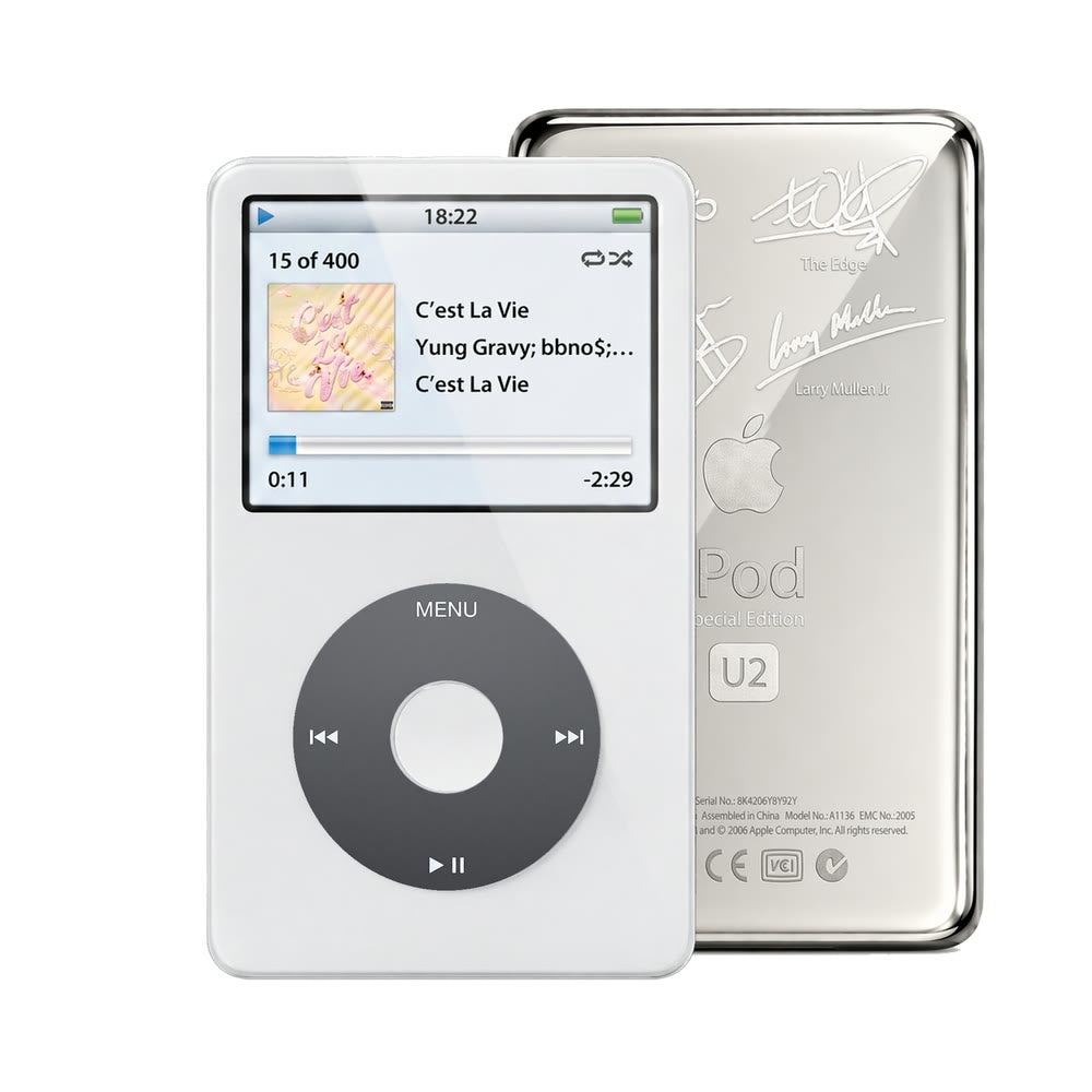 White refurbished iPod Video 5.5 Gen with Black click wheel and Silver U2 back plate