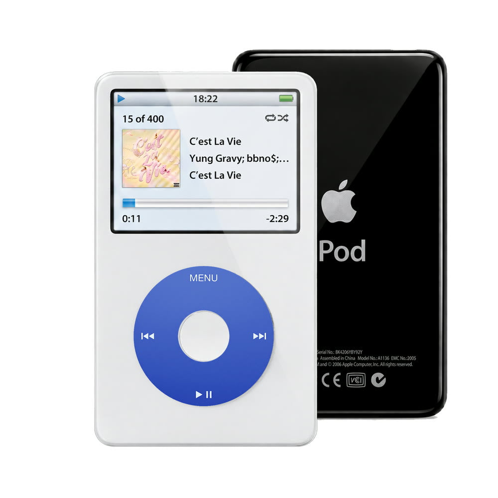 White refurbished iPod Video 5.5 Gen with Blue click wheel and Black back plate