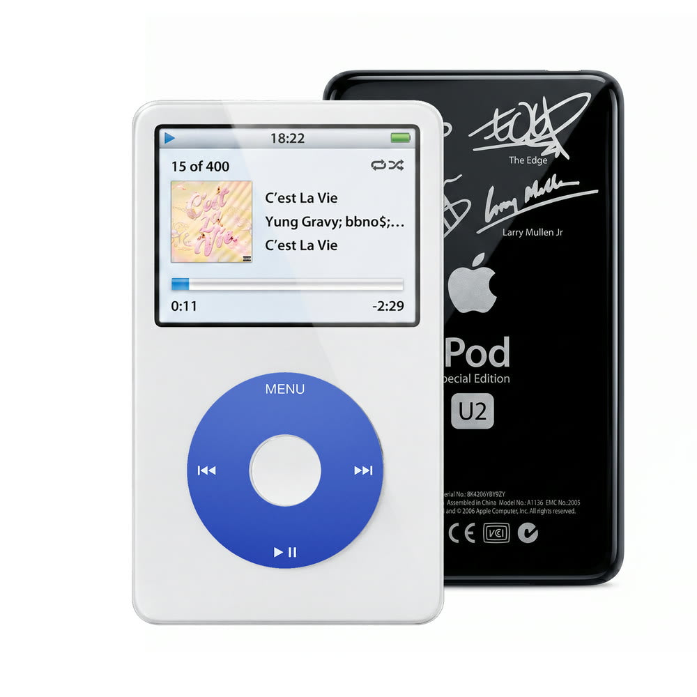 White refurbished iPod Video 5.5 Gen with Blue click wheel and Black U2 back plate