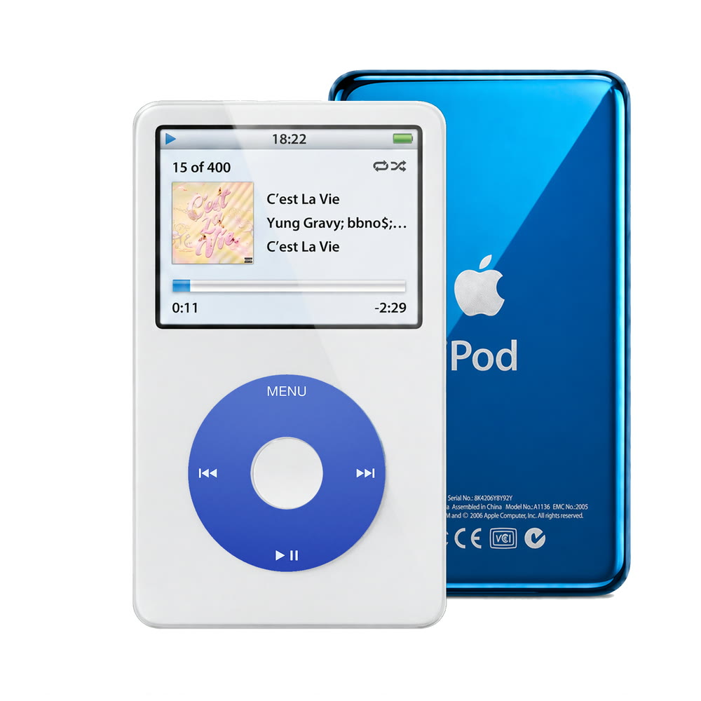 White refurbished iPod Video 5.5 Gen with Blue click wheel and Blue back plate